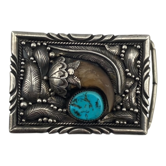 Navajo belt buckle, sterling silver, turquoise. bear claw, telluride jewelry store