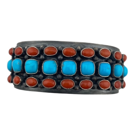 Anthony Skeets Coral and Turquoise Navajo Bracelet, navajo jewelry for sale, turquoise bracelet for sale, jewelry store in telluride, art gallery telluride, gift shop telluride