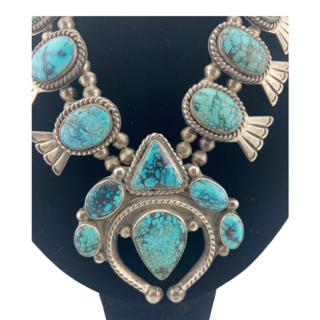 Large Navajo Turquoise "Fan" Blossom Squash Blossom Necklace