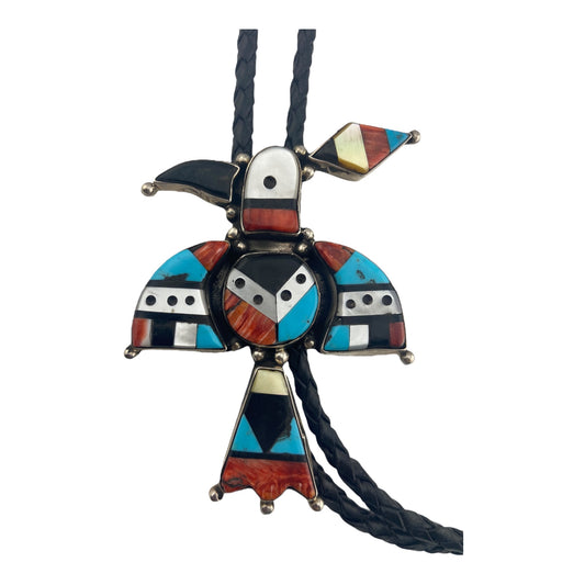 bolo tie, zuni inlay, turquoise, inlay bird, spiny oyster, native american jewelry, jewelry store telluride