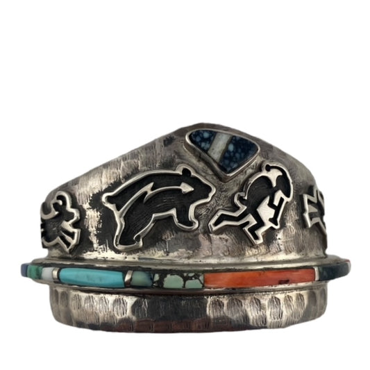 Philip Sekaquaptewa Hopi Multi Stone Inlay and Overlay Bracelet, hopi jewelry for sale, indian jewelry for sale, jewelry store in Telluride, art gallery telluride, gift shop telluride, silver bracelet for sale