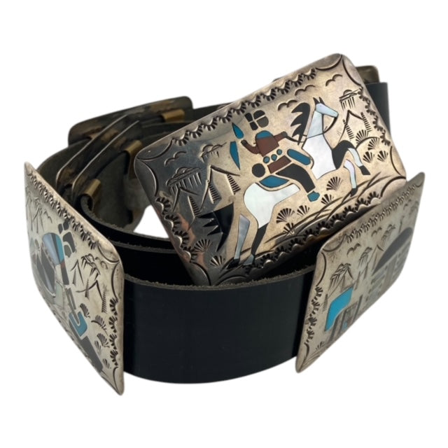 navajo concho belt, inlay belt, leather, native american, jewelry store telluride, navajo jewelry for sale