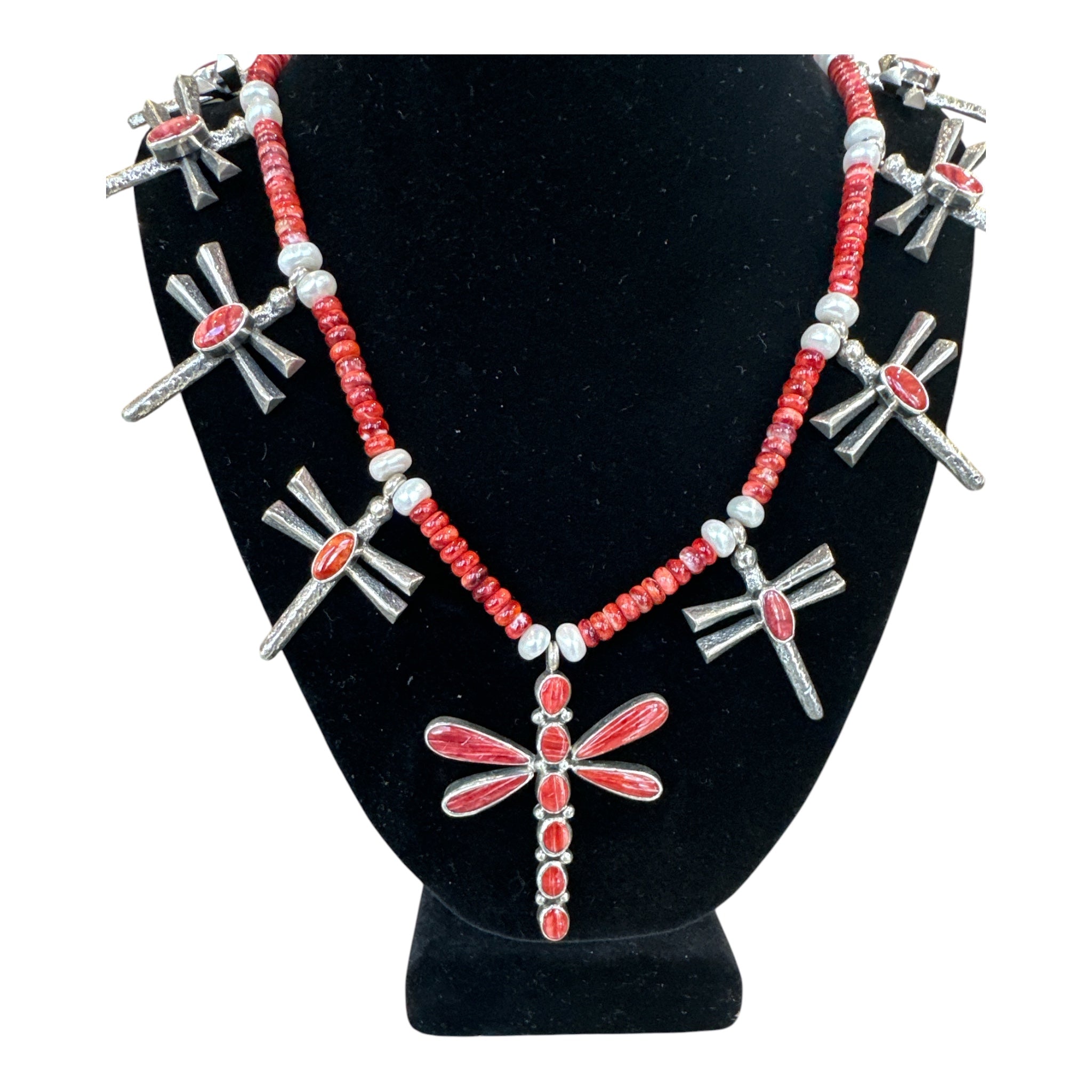 Gary Custer Navajo Tufa Cast Dragonfly Spiny Oyster Necklace