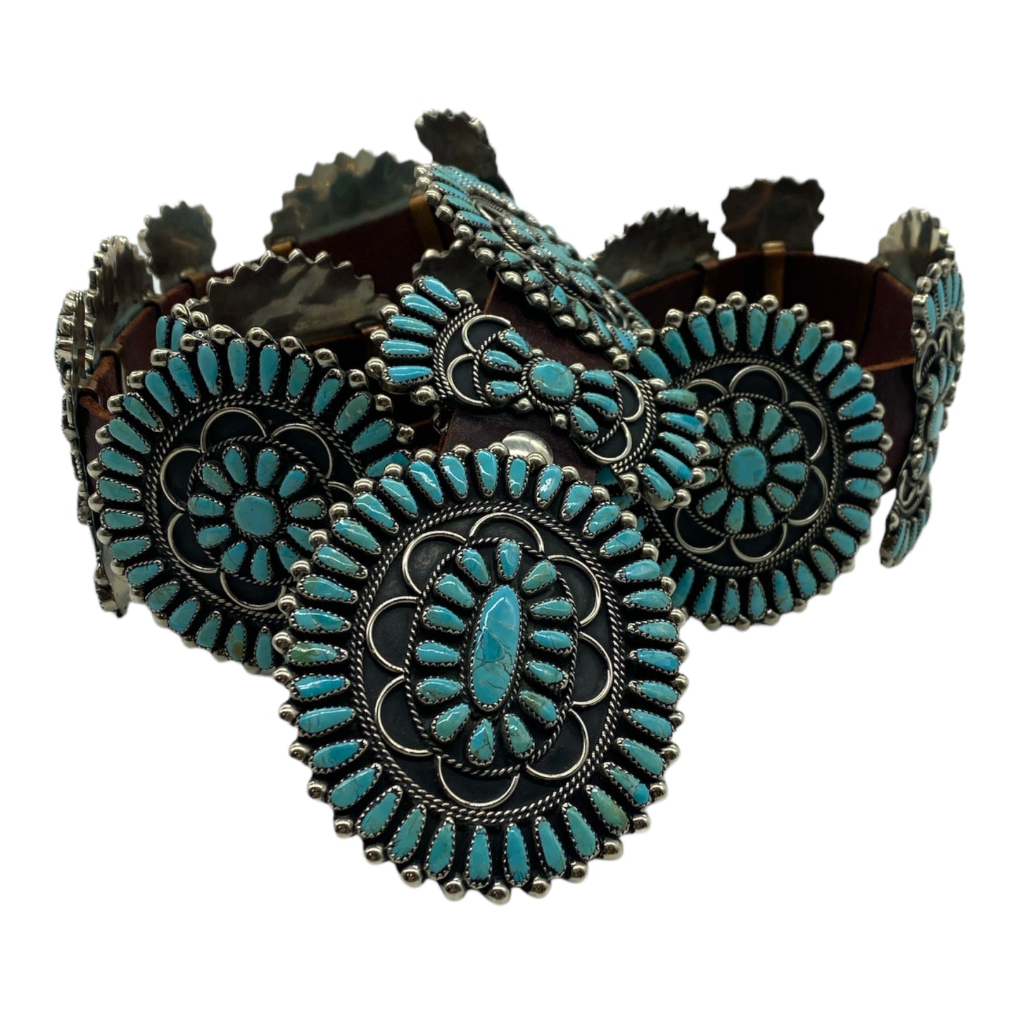 Navajo Turquoise and Silver Cluster Concho Belt