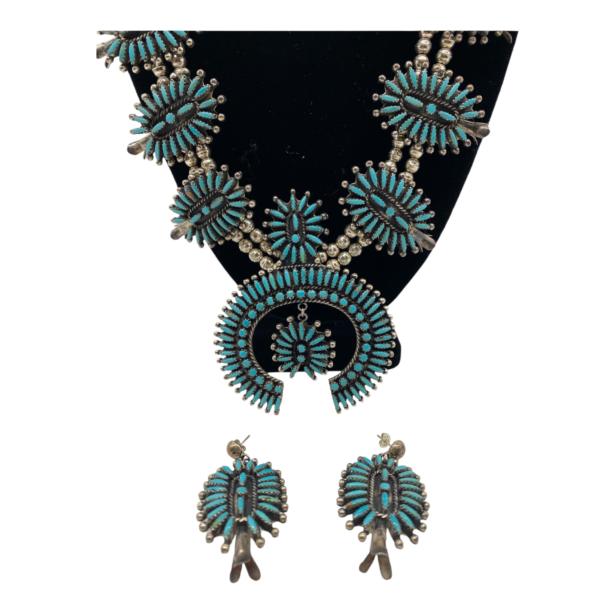 Vintage Zuni Needlepoint Squash Blossom and Earring Set