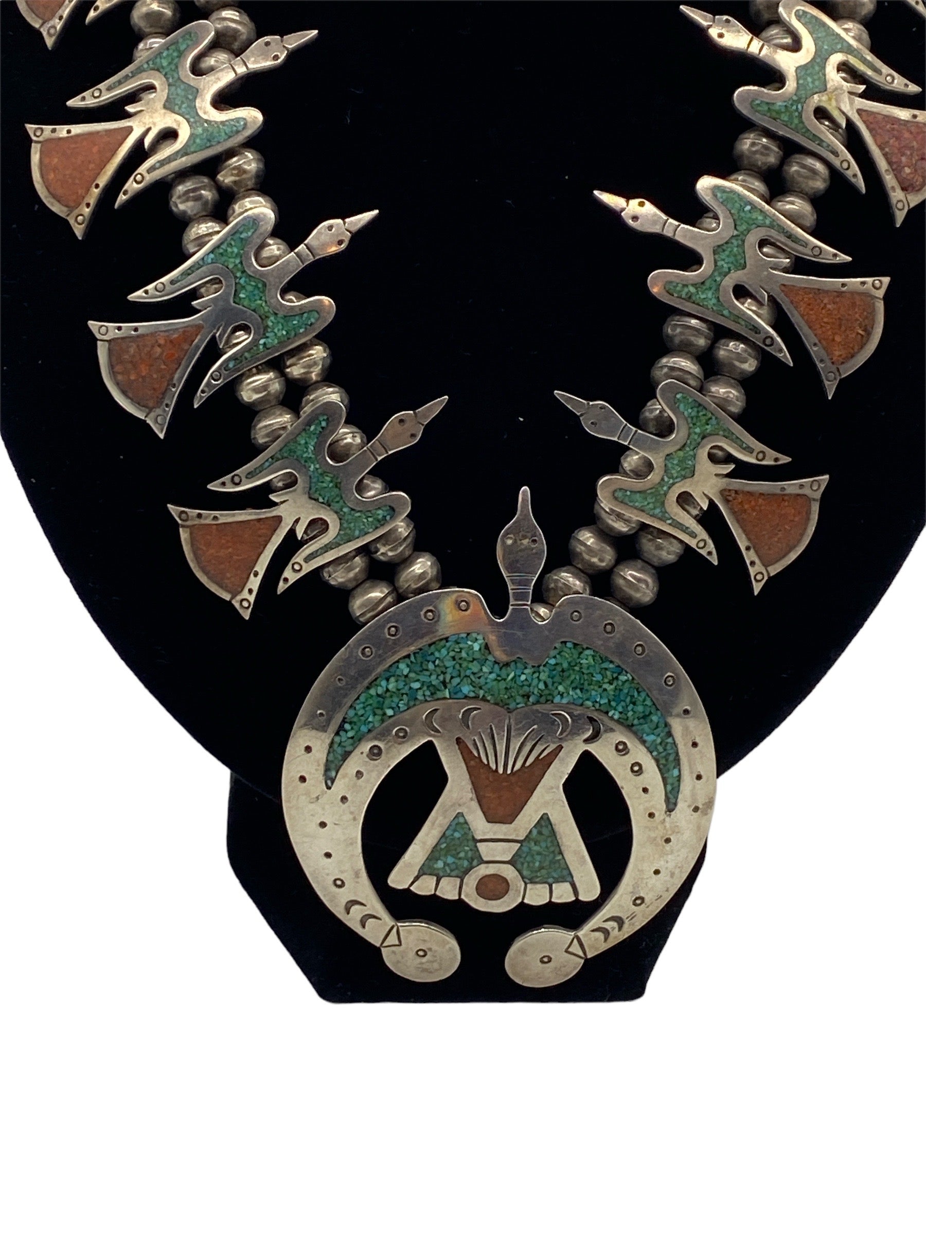 Chip Inlay Peyote Bird Squash Blossom Necklace